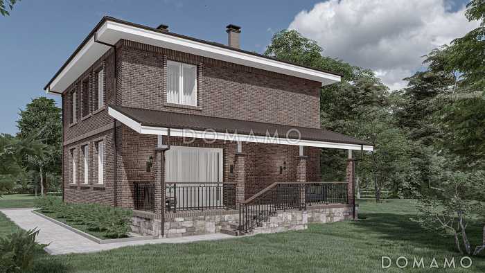 Проект двухэтажного дома с просторными террасой и гостиной-столовой