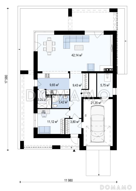 Проект современного двухэтажного дома из кирпича с плоской крышей, четырьмя комнатами, вторым светом и гаражом / План 1 этажа