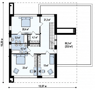 Проект современного двухэтажного дома из газобетона с тремя спальнями, спортзалом, сауной и гаражом для двух автомобилей / План 2 этажа
