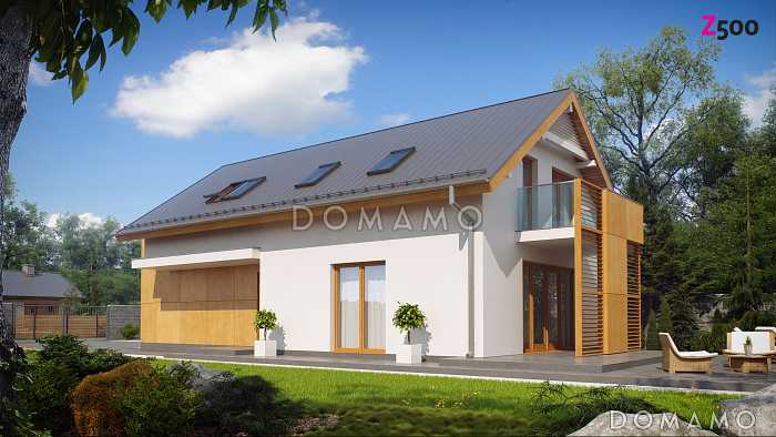 Проект одноэтажного мансардного дома из кирпича с гаражом на два автомобиля для вытянутого участка