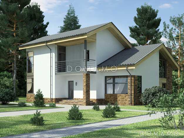 Проект дома с крытой террасой, котельной и хозблоком, спальней на первом этаже, тремя спальнями на мансарде