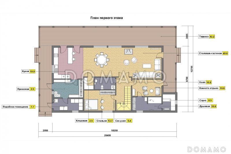 Проект каркасного дома в стиле шале / План 1 этажа