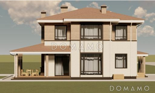 Проект двухэтажного дома из кирпича с двумя каминами на большой террасе и в гостиной / Фасад 1