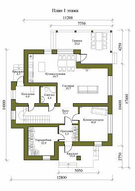 Проект двухэтажного дома с крытой террасой, тремя спальнями и гардеробными / План 1 этажа