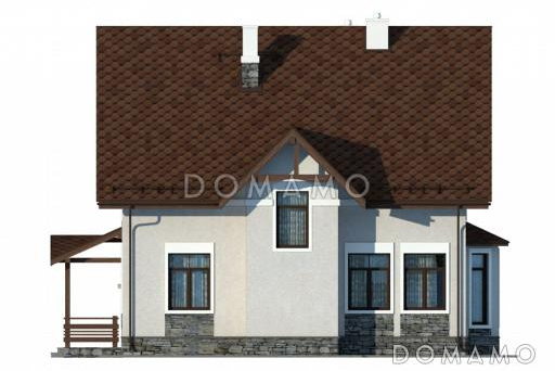 Проект теплого дачного дома с остекленной верандой и декоративными балками под коньком крыши / Фасад 3