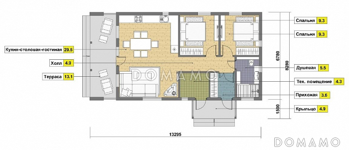 Проект одноэтажного каркасного дома с камином / План 1 этажа