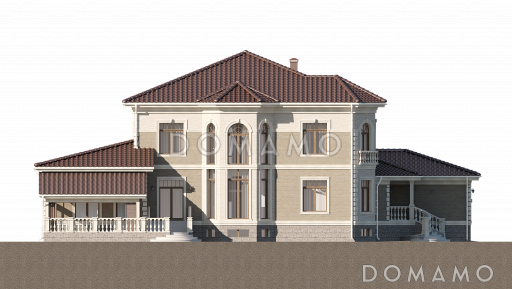 Проект дома со спортзалом, бассейном, бильярдной, просторной обеденной зоной, террасами, гаражом / Фасад 1