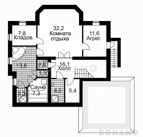 Проект дома из кирпича с эркером и гаражом на 2 машины / План цокольного этажа