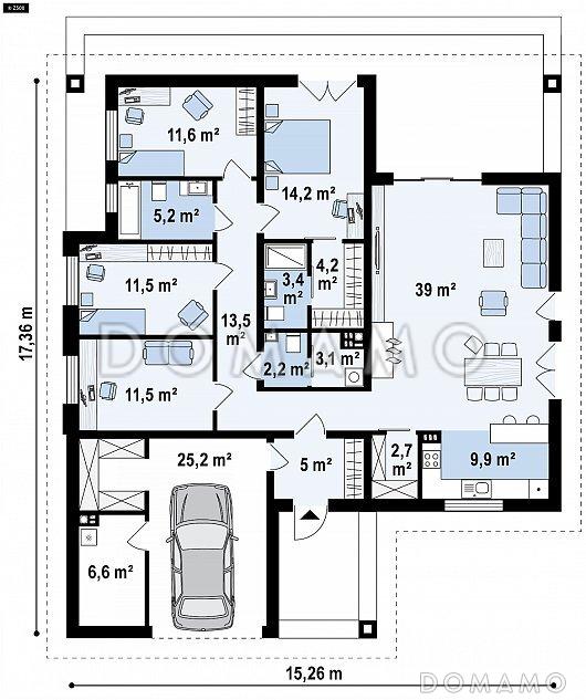 Проект просторного одноэтажного дома из кирпича с тремя спальнями, кабинетом и гаражом / План 1 этажа