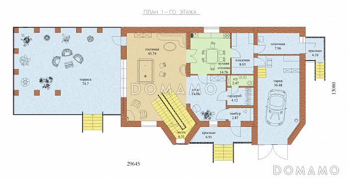 Проект одноэтажного коттеджа с мансардным этажом, гаражом и летней открытой площадкой на крыше гаража / План 1 этажа