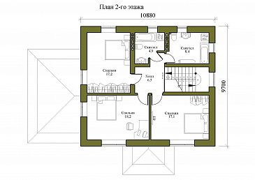 Проект двухэтажного дома с тремя спальнями на втором этаже и одной на первом этаже / План 2 этажа
