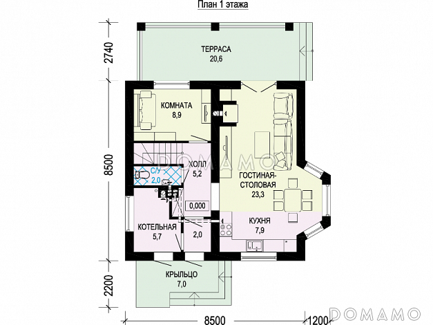 Проект одноэтажного мансардного дома из газобетона с тремя спальнями, кабинетом, эркером и крытой террасой / План 1 этажа