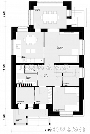 Проект современного двухэтажного дома с контрастной отделкой и застекленной верандой / План 1 этажа