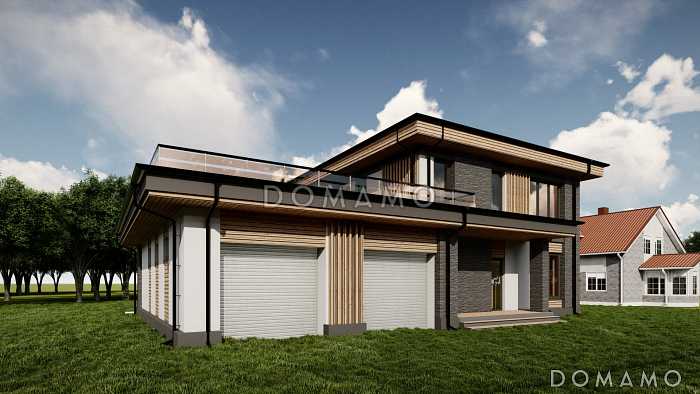 Проект дома с эксплуатируемой кровлей гаража, мастер-спальней, тремя детскими и гостевой