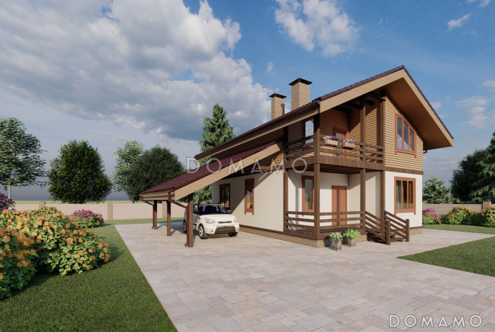 Проект двухэтажного каркасного дома с навесом и балконом