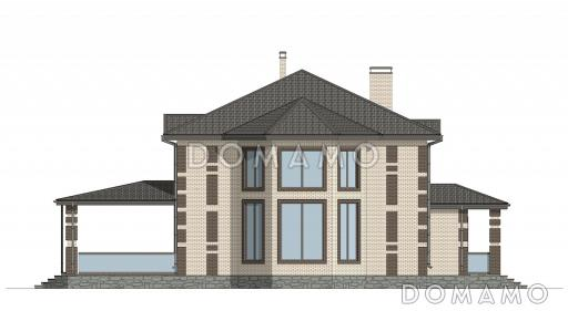 Проект двухэтажного кирпичного дома со вторым светом, навесом для автомобиля и открытой террасой на втором этаже / Фасад 1