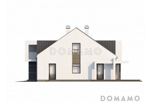 Проект просторного современного одноэтажного дома из газобетона  с мансардой, с двумя балконами в кровле и встроенным гаражом  / Фасад 4