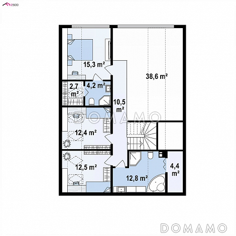 Проект современного одноэтажного мансардного коттеджа из газобетона с большой площадью остекления, вторым светом и навесом для двух автомобилей / План мансардного этажа