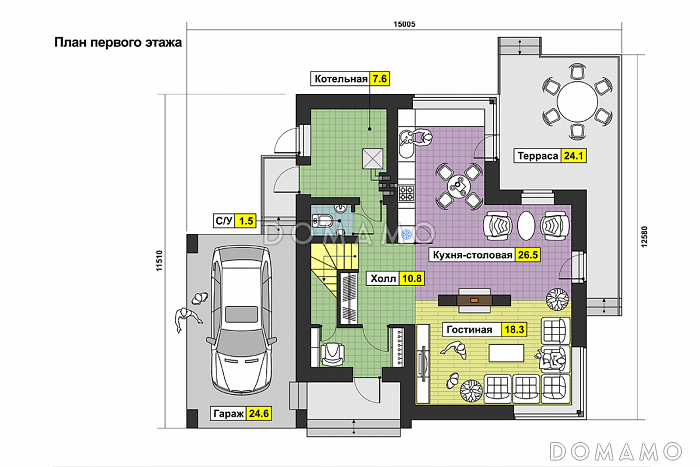 Проект дома с гаражом на одну машину, большой террасой, кабинетом / План 1 этажа