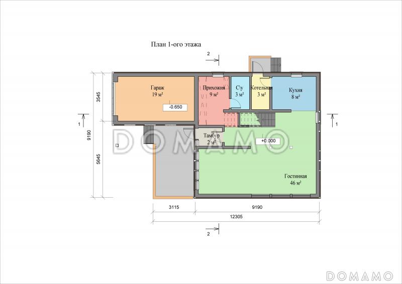 Проект двухэтажного коттеджа с гаражом / План 1 этажа