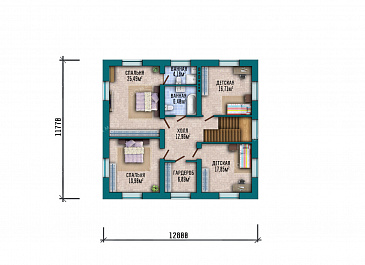 Проект двухэтажного дома, облицованного кирпичом, с 5 спальнями и террасой / План 2 этажа