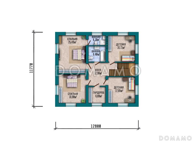 Проект двухэтажного дома, облицованного кирпичом, с 5 спальнями и террасой / План 2 этажа
