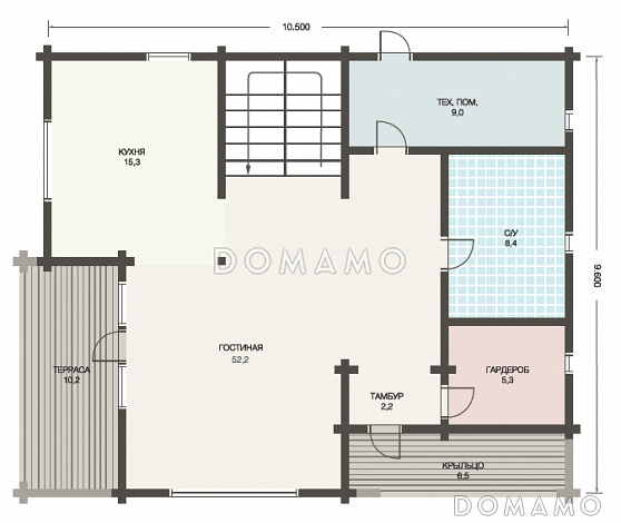 Проект деревянного дома из клееного бруса с гостинной на втором этаже / План 1 этажа