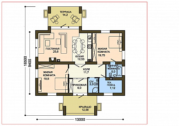 Проект одноэтажного дома из SIP панелей с панорамным окном на крытую террасу / План 1 этажа