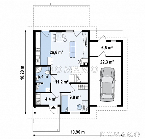 Проект двухэтажного коттеджа из газобетона с дополнительной комнатой на первом этаже и пристроенным гаражом / План 1 этажа