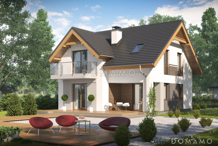 Проект небольшого одноэтажного дома из газобетона с тремя спальнями на мансардном этаже и балконом