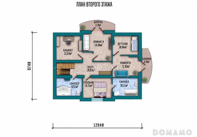 Проект дома со спортзалом и постирочной в подвале, 6 комнатами и террасой / План мансардного этажа