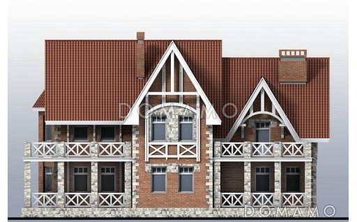 Проект загородного дома с эркером, с гаражом на две машины, двумя большими балконами и террасами / Фасад 4