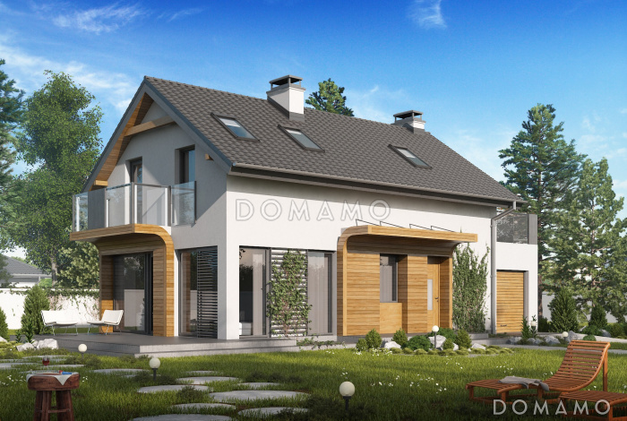 Проект мансардного одноэтажного дома из газобетона с тремя спальнями, гаражом и террасой над ним