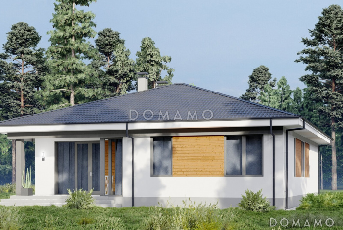 Проект одноэтажного дома в стиле хай-тек с тремя спальнями, гостиной и кабинетом