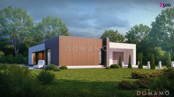 Проект современного одноэтажного дома из газобетона с плоской крышей с тремя спальнями и гаражом 