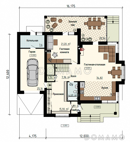 Проект загородного дома с гаражом, функциональной прихожей, просторной столовой зоной, зимнем садом / План 1 этажа
