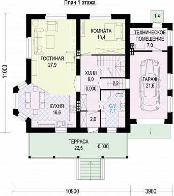 Проект двухэтажного газобетонного дома c подвалом и пристроенным гаражом / План 1 этажа