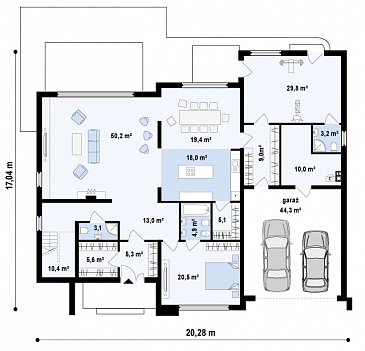 Проект большого комфортабельного двухэтажного дома из газобетона с пятью комнатами, спортзалом и вторым светом над просторной гостиной / План 1 этажа