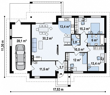 Проект одноэтажного дома из газобетона с большой гостиной, тремя спальнями и гаражом  / План 1 этажа