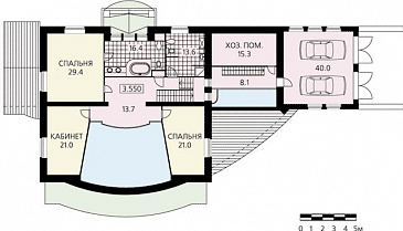 Проект двухэтажного дома с просторной гостиной, зимним садом, бассейном и кабинетом на втором этаже / План 2 этажа