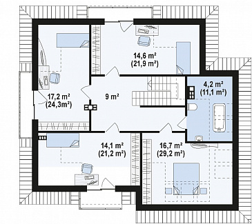 Проект классического одноэтажного мансардного дома из газобетона с дополнительными спальнями на первом этаже и мансардном, с тремя балконами и гаражом на два автомобиля / План мансардного этажа