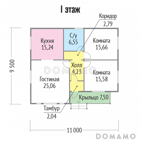 Проект каркасного дома с небольшой светлой гостинной / План 1 этажа