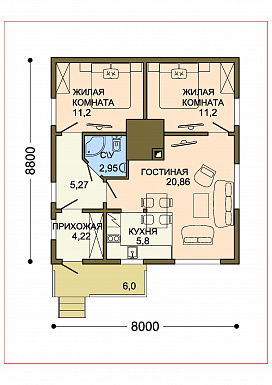Проект современного одноэтажного дома из бруса с двумя жилыми комнатами  / План 1 этажа