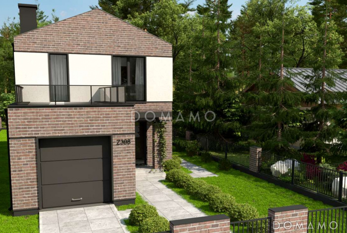 Проект двухэтажного дома из газобетона с фронтальным гаражом для узкого участка