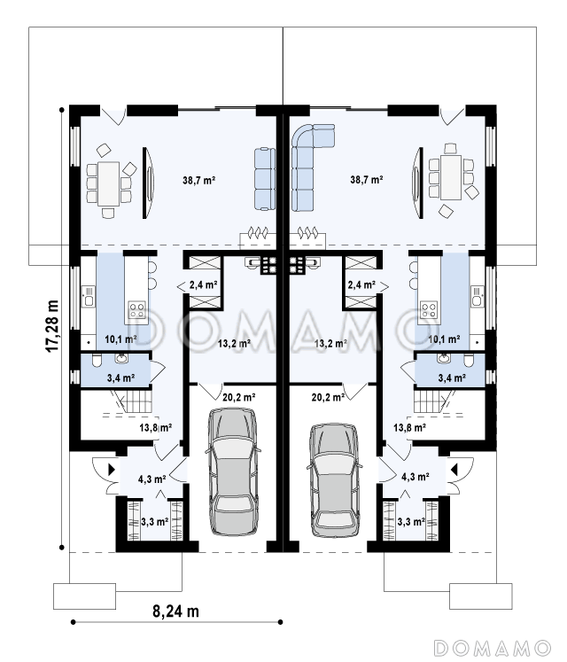 Проект мансардных домов-близнецов из кирпича современного дизайна с гаражом и террасой на втором этаже / План 1 этажа