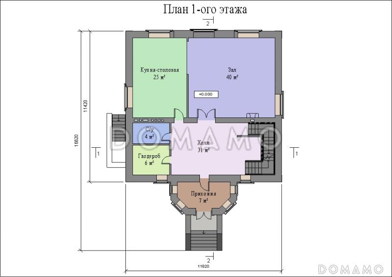 Проект большого двухэтажного дома с цоколем и мансардой,с эркером, сауной и бассейном / План 1 этажа