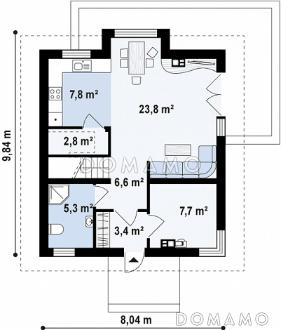Проект классического одноэтажного мансардного дома из газобетона с эркером в столовой зоне, балконами и хозяйственным помещением / План 1 этажа