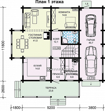 Проект деревянного мансардного дома с гаражом на 2 автомобиля / План 1 этажа