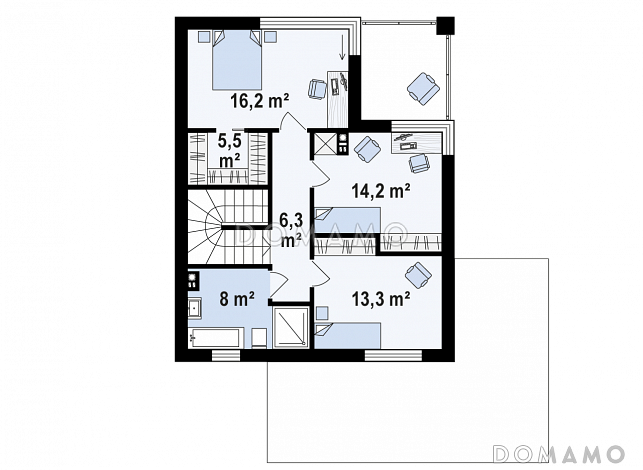 Проект компактного двухэтажного дома из кирпича с гаражом на два автомобиля / План 2 этажа