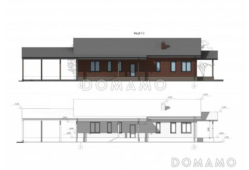 Проект одноэтажного дома с большим навесом для автомобилей, мастер-спальней и широкой террасой / Фасад 1